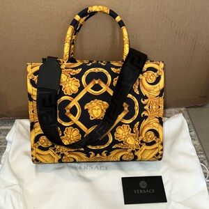 NWT Versace Black and Gold Small Tote Bag with crossbody strap